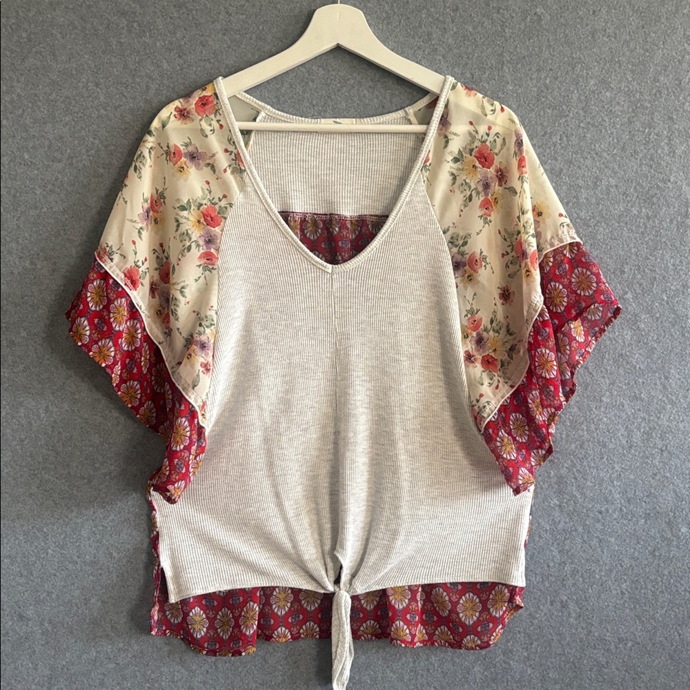 Hummingbird Floral and Gray Blouse - Picture 2 of 12